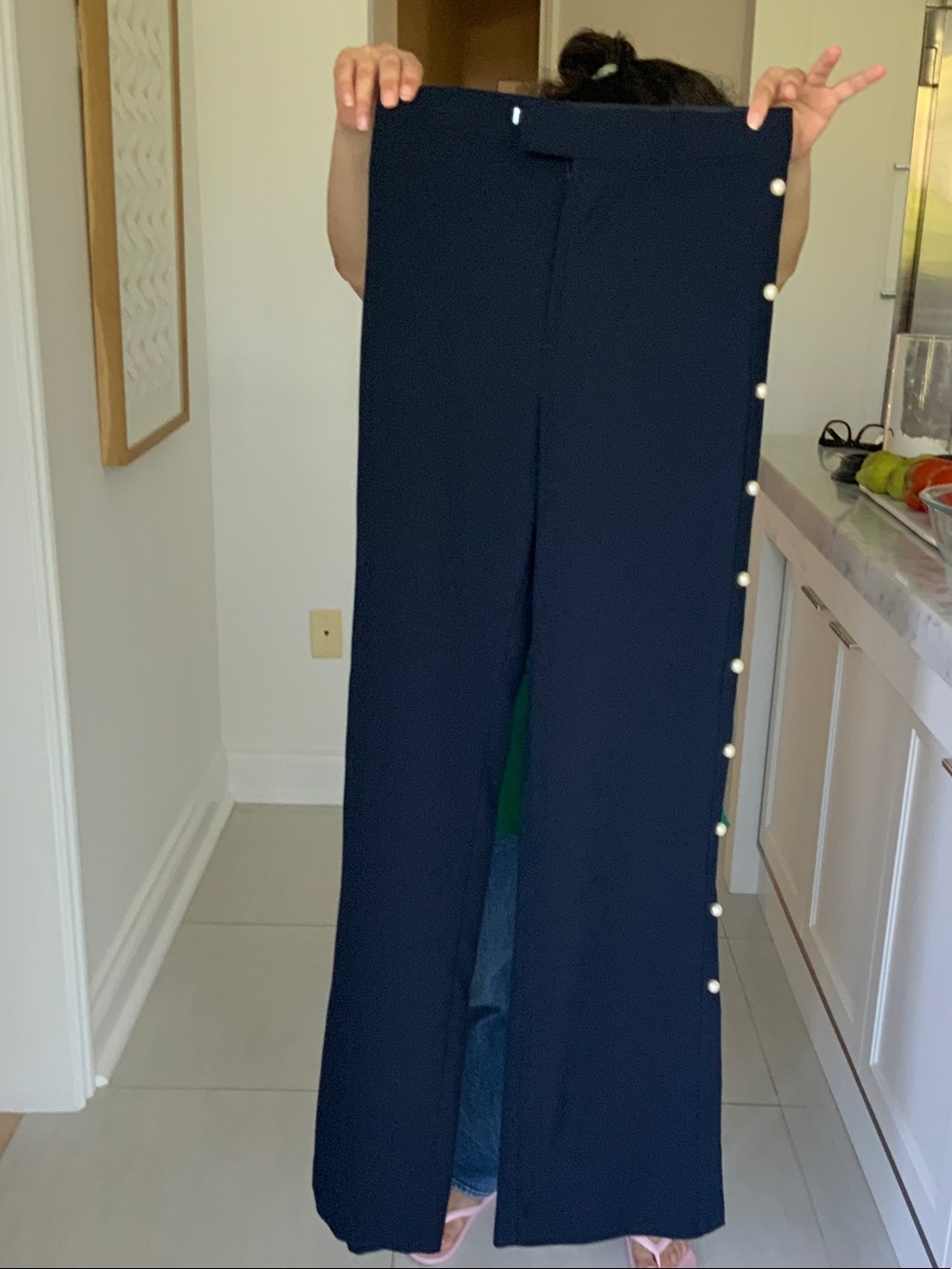 Zara Navy Wide-Leg Trousers with Side Pearl Buttons